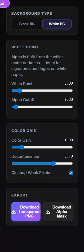 Screenshot of the Background Type UI switcher set to White BG