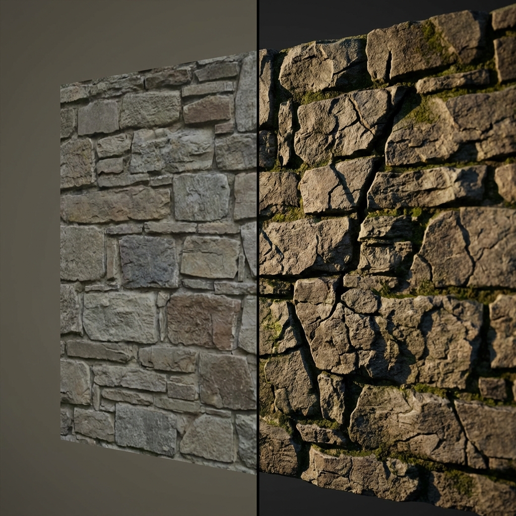 Comparison between flat texture and normal mapped texture showing realistic cracks and lighting